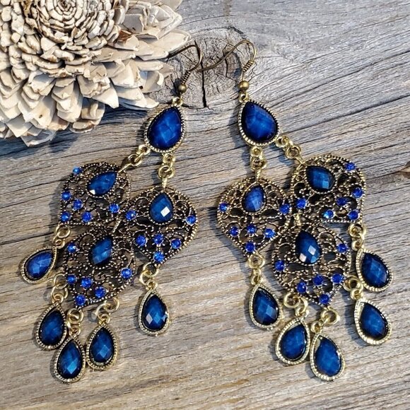 Vintage Neo Victorian Glam Long Faux Stone Dangle Earrings - Picture 1 of 7
